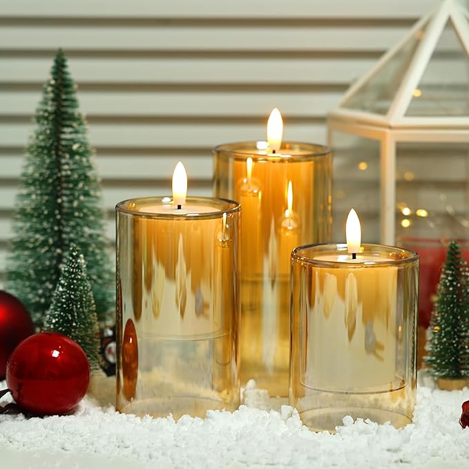 NURADA Flameless Candles with Remote Timer - Glass Real Wax 3D Wick LED Pillar Votive Candle Set Battery Operated Flickering Light for Home Christmas Decoration - Gold 3 Pack