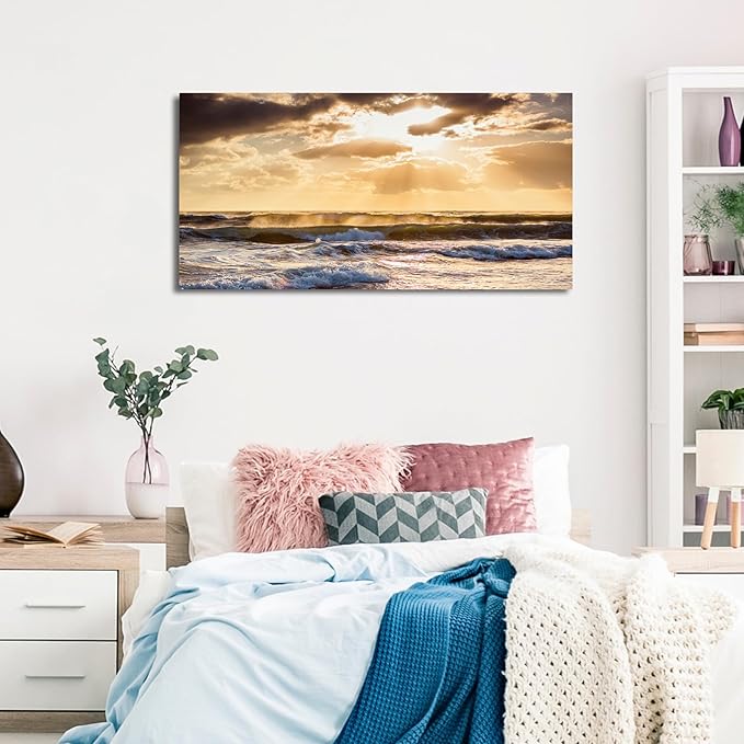Sunset Ocean Canvas Wall Art - Ocean Waves Wall Decor Glow Sea Scene Picture Painting Nature Landscape Prints Sunset Over the Ocean Painting Artwork Living Room Bedroom Office Home 20" x 40"