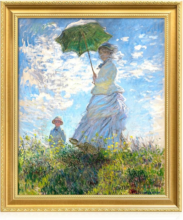 DECORARTS - Claude Monet Woman With A Parasol Giclee Print with Gold Solid Wood Frame, Impressionist Large Framed Wall Art, Ready to Hang, Framed Size 24.75x28.75, Made in USA