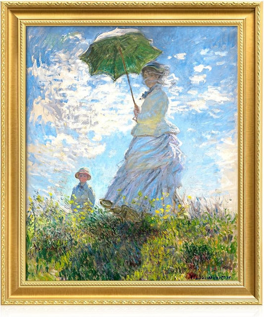 DECORARTS - Claude Monet Woman With A Parasol Giclee Print with Gold Solid Wood Frame, Impressionist Large Framed Wall Art, Ready to Hang, Framed Size 24.75x28.75, Made in USA