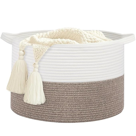 Large Laundry Basket 22''x14''Woven Cotton Rope Baby Blanket Basket for Living Room Girl Laundry Hamper Toy storage Baby basket Nursery Hamper Storage Bin (White+Brown)