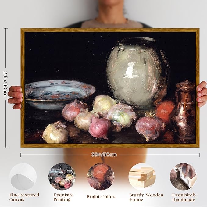 crmotu Framed Canvas Wall Art, Kitchen Still Life Aesthetic Art Prints, Tabletop Onions Vintage Large Artwork, Black Wall Paintings for Living Room Bedroom Gallery Rustic Farmhouse Decor 24x36in