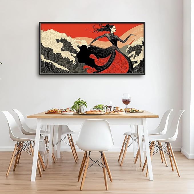 Flintis Large Black White and Red Dancer Framed Wall Art Woman Dancing Waves Pictures Wall Decor Abstract Canvas Painting Print Artworks Framed for Living Room Bathroom Master Bedroom 60L X 30W