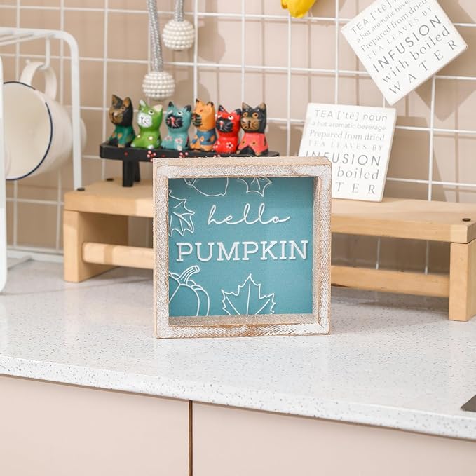 Embossed Hello Pumpkin Sign, Rustic Fall Decorations for Home, Thanksgiving Centerpieces for Table Cubicle Desk Mantel Fireplace, Autumn Tiered Tray Decor