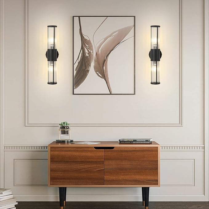 Bathroom Light Fixtures 2-Light Matte Black Bathroom Vanity Light Modern Wall Lights for Bedroom Bath Mirror Lights with Glass Rods Shades for Mirror Bedroom Hallway