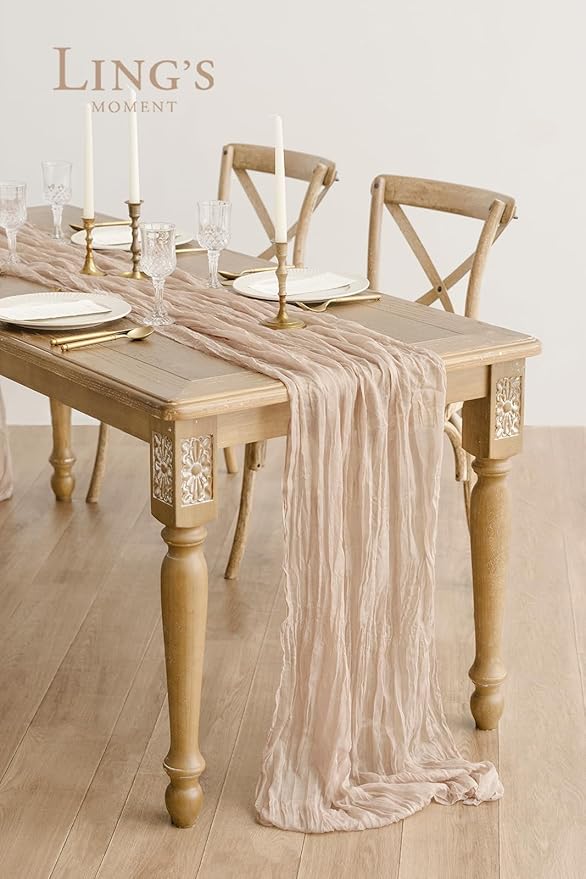 Ling's Moment 14Ft x 35" Wide Nude Gauze Semi-Sheer Table Runner Cheesecloth Ivory Tablecloth for Wedding Party Bridal Shower Boho Beige Table Decor Neutral Warm Sand