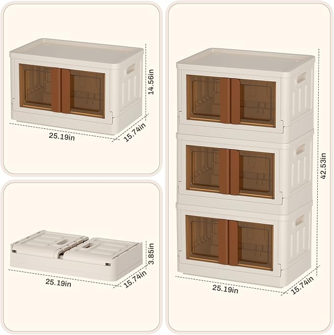 GCCSJ 76Qt Stackable Plastic Storage Boxes with Lids, Foldable Closet Organizers and Storage Containers with Wheels, Collapsible Storage Bins for Home Organization, 3 Pack White