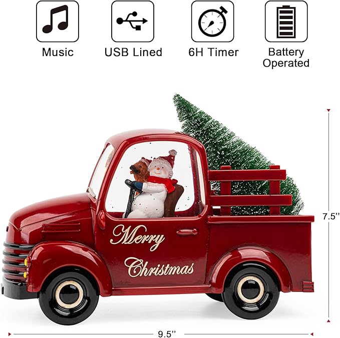 Christmas Snow Water Lantern Glittering Snowman and Pup in Red Truck with Christmas Tree, USB Lined/Battery Operated Lighted Spinning Lantern for Christmas Festival Decoration Gifts