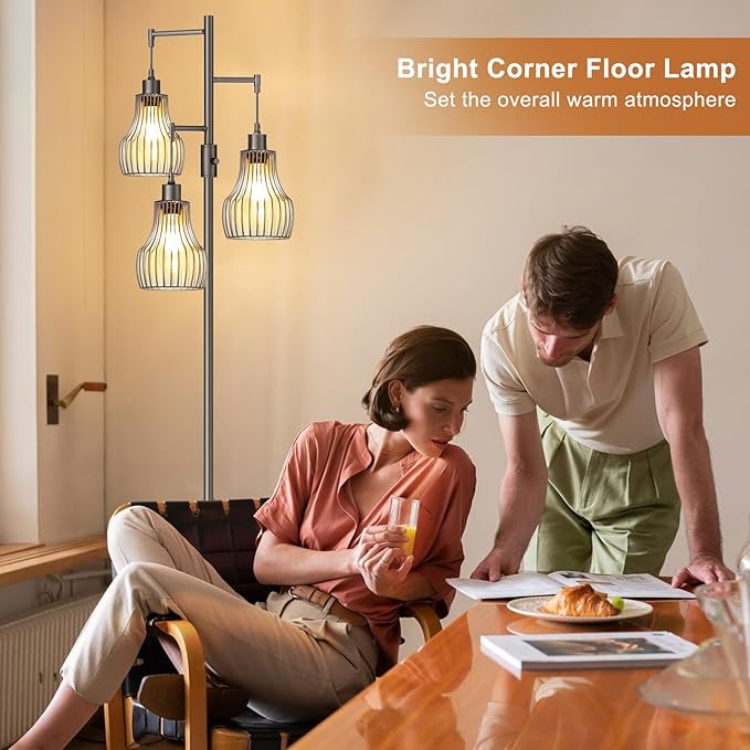 Dimmable Floor Lamps for Living Room, Industrial Tree Standing Tall Lamps with 3 Elegant Cage Shade for Bedroom Office - Grey