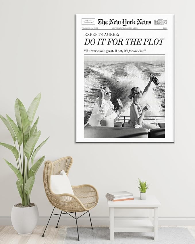 Trendy Newspaper Style Wall Art 12x16 Vintage Do It For The Plot Canvas Prints Decor Waterproof Fade-Resistant Black and White Wall Art for Apartment Bathroom Funny Retro Wall Decor for Bedroom