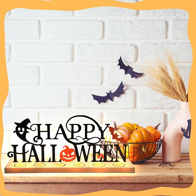 Happy Halloween Metal Sign Rustic Table Decorations with Wooden Base, Tiered Tray Decor with 18pcs Tealights, Table Centerpieces Metal Word Sign for Halloween Party Home Indoor Office Tabletop Mantel