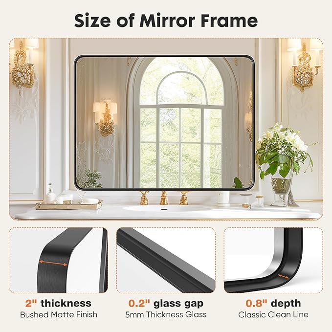 Sweetcrispy Black Metal Framed Bathroom Vanity Mirrors for Over Sink Wall, 30x40 Inch Large Rounded Rectangle Mirror, Modern Decorative for Restroom, Farmhouse, Horizontally or Vertically Hanging