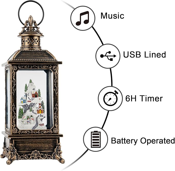 Christmas Village Snow Globe Lighted Snowy Mountain Village Scene, Musical Snow Water Lantern Swirling Glittering Home Decoration and Gift, Battery Operated or USB Powered