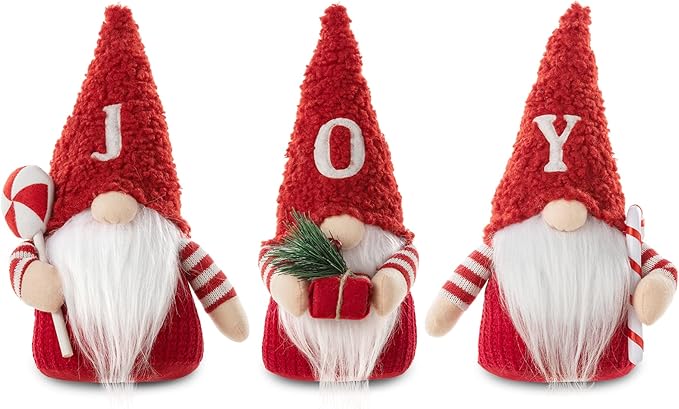 Glitzhome 3 Pack Joy Gnome Christmas Decorations, Fabric Handmade Plush Gnomes Santa Ornaments for Tabletop Home Holiday Decor