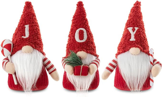 Glitzhome 3 Pack Joy Gnome Christmas Decorations, Fabric Handmade Plush Gnomes Santa Ornaments for Tabletop Home Holiday Decor