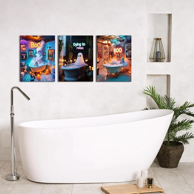 Halloween Bathroom Decor Funny Ghost Wall Art Funny Ghosts in Bathtub Pictures for Bathroom Fall Party Theme Paintings Spooky Humor Posters Artwork for Living Room Holiday Home Decoration 12x16" 3Pcs