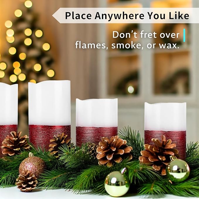 FURORA LIGHTING Red Real Wax Trim Candles with Remote and Timer, Pack of 8 Pillar & Votive Candles, LED Flameless Flickering Candles for Home Décor, Battery Included