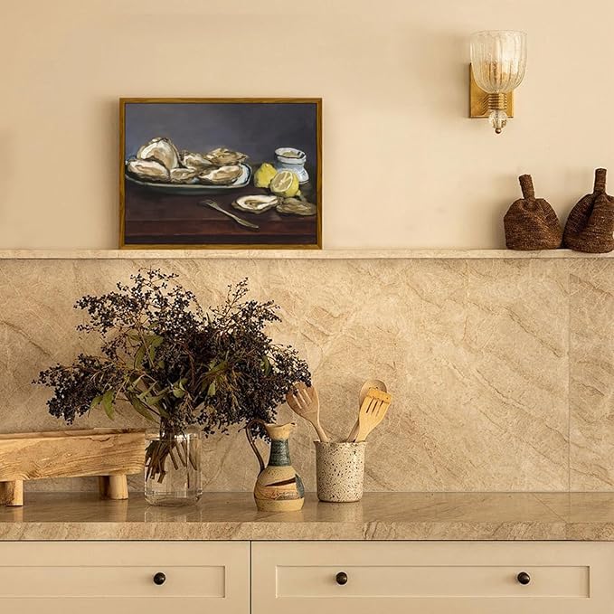 crmotu Vintage Framed Wall Art, Oysters and Lemon Kitchen Decor Painting, Still Life Artwork Canvas Prints, Rustic Farmhouse Wall Decor Living Room Dining Room Tabletop Aesthetic Pictures 12x16in
