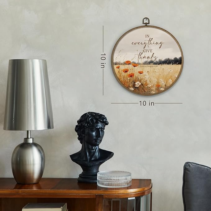 Gnmduw Fall Christian Wall Art Framed, Thanksgiving Fall Landscape Round Hanging Wall Decor, In Everything Give Thanks Canvas Prints Art for Farmhouse Living Room Bathroom Gallery Bedroom, 10x10 Inch