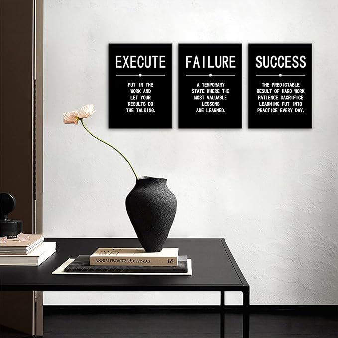 Success Quote Poster Inspirational Canvas Painting Wall Art Execute Failure Definition 3 Pieces Black Positive Motivational Framed Artwork Prints Picture for Living Room Office [36''Wx 16''H]