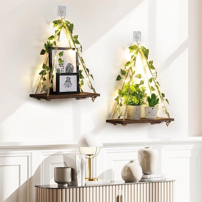 Floating Shelves for Wall No Drilling,Wall Dcorations Art,Hanging Shelf,Leaves and Light Strip with Flower,Set of 2 Plant Decor for Home House Livingroom Bedroom Officer,Boho Decor,Gifts for Woman