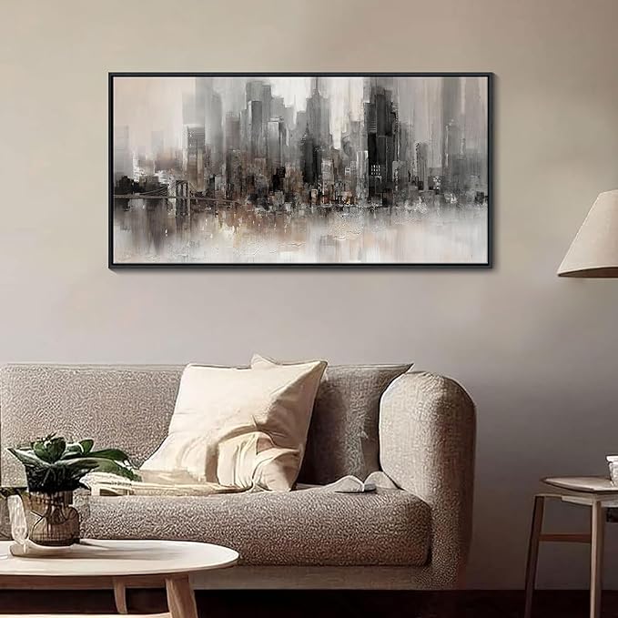 Nyc Skyline Painting Wall Art Grey Buildings Picture for Living Room Modern Home Bedroom Decoration Black and White and Brown Framed Artwork Decor