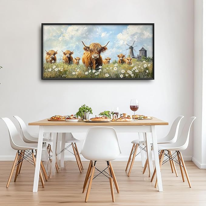 Flintis Large Highland Cow Barn Framed Wall Art Farmhouse Highland Cattle Daisy Pictures Wall Decor Abstract Canvas Painting Print Artworks Framed for Living Room Bathroom Master Bedroom 60L X 30W