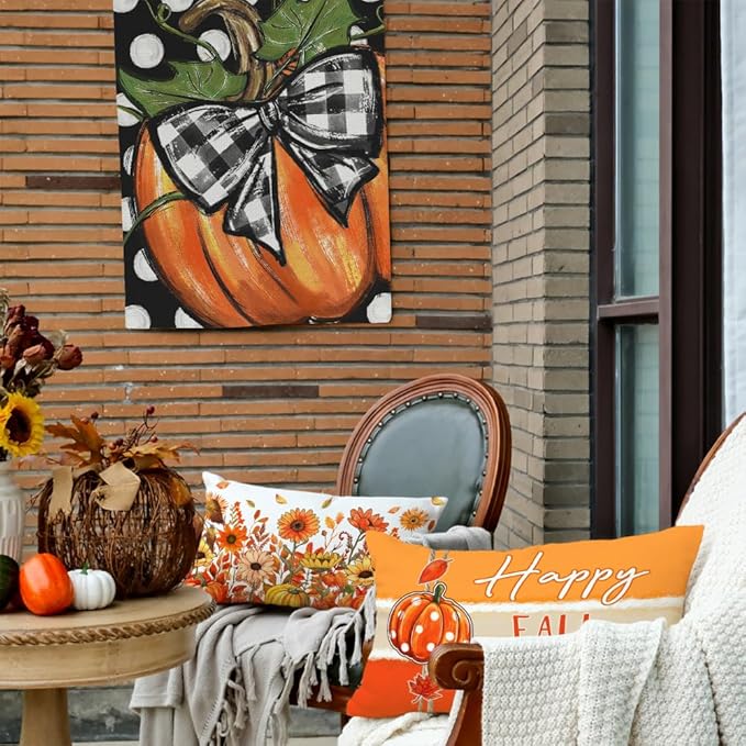 GEEORY Fall Throw Pillow Covers 12x20 Inch Set of 4, Pumpkins Floral Mason Jars Happy Fall Y'all Thankful & Blessed Orange Autumn Seasonal Decorative Farmhouse Decoration for Home G552-12