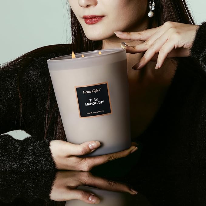 HomeLights Premium Scented Candles - 33.3 oz Natural Soy Wax, Aromatherapy for Home, Long Lasting Smokeless, 130 hrs Burn Time, 3 Cotton Wicks, Gifts for Women & Men - Teak Mahogany