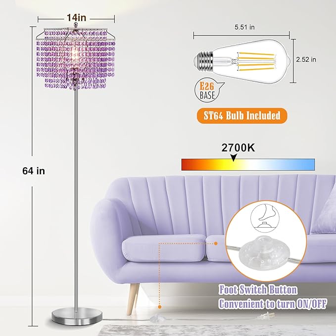 Crystal Floor Lamp Purple, 64" Tall Standing Lamps with Double-Layer Lampshade, Elegant Floor Lamp with On/Off Foot Switch, Standing Lamps for Living Room, Bedroom, Dresser, Office, Bulb Included
