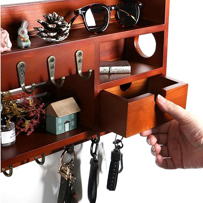 Key Holder for Wall, Mail Organizer Wall Mount with Storage Drawer and 10 Hooks, Easy Installation Key Holder Wall Mount for Home Decor, Ochre