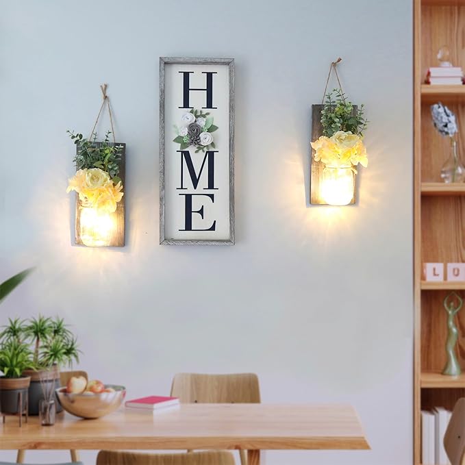 Besuerte Modern Farmhouse Wall Decor, Country Wall Decor for Bedroom, Living Room, Kitchen, Rustic Wall Art with Led Fairy Lights & Rose Flowers, Wall Art Set of 2, Large Grey