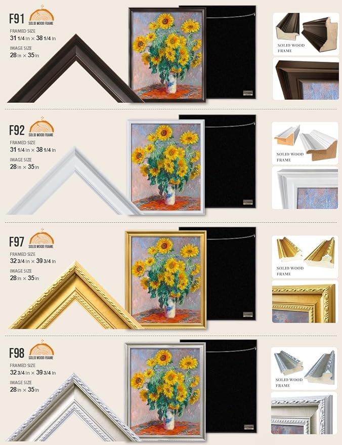 DECORARTS - Claude Monet Sunflowers, Large Framed Wall Art, Canvas Size 28x35, Outer Dimensions Larger With Customizable Solid Wood Frames, Giclee Canvas Print, Made in USA