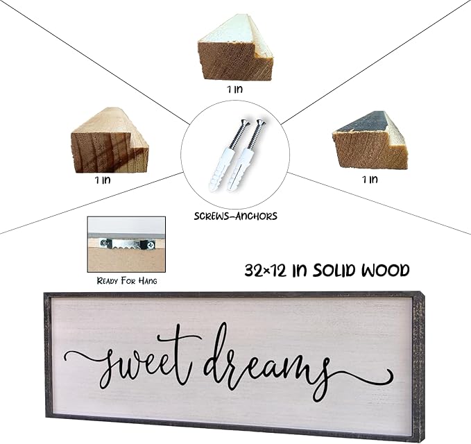 Surfapans Sweet Dreams Wall Decor Above Bed 32"x12" Master Bedroom Guest Room Wood Framed Rustic Over Bed Wall Art Sign (Black)