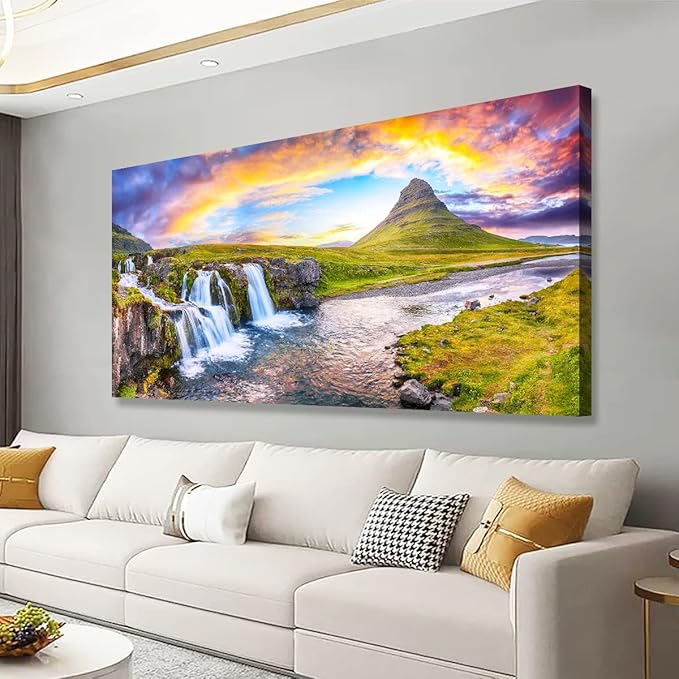 Waterfall Hill Pictures Canvas Wall Art For Living Room Bedroom Wall Decor,Hill Wall Art Print Paitnings for Home Decor,Morden Artwork Cloud Rainbow Canvas Art Waterproof Ready to Hang-20X40Inches