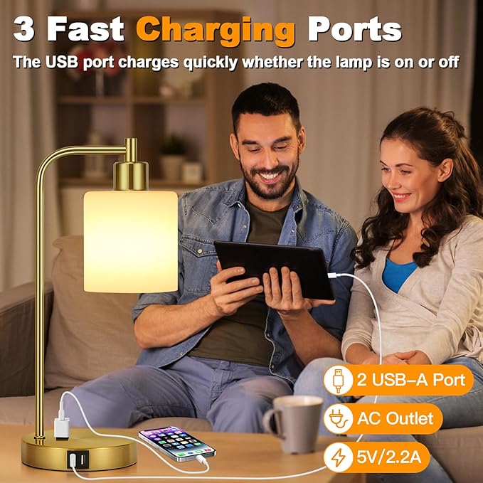 Set of 2 Industrial Touch Control Table Lamps with 2 USB Ports and AC Outlet - 3-Way Dimmable Gold Bedside Lamps Nightstand Desk Lamps for Bedroom Living Room, Opal Glass Shade & 2 LED Bulbs Included