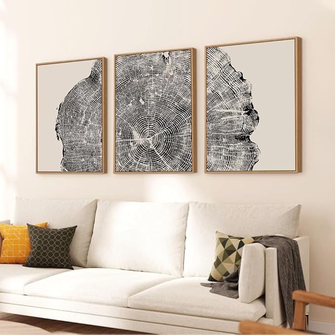 CHDITB Framed Tree Ring Wall Art Set of 3, 24"x36" Abstract Wood Stump Wall Decor, Large Black and White Wall Painting, Neutral Modern Nature Canvas Art Prints for Living Room, Bedroom, Farmhouse