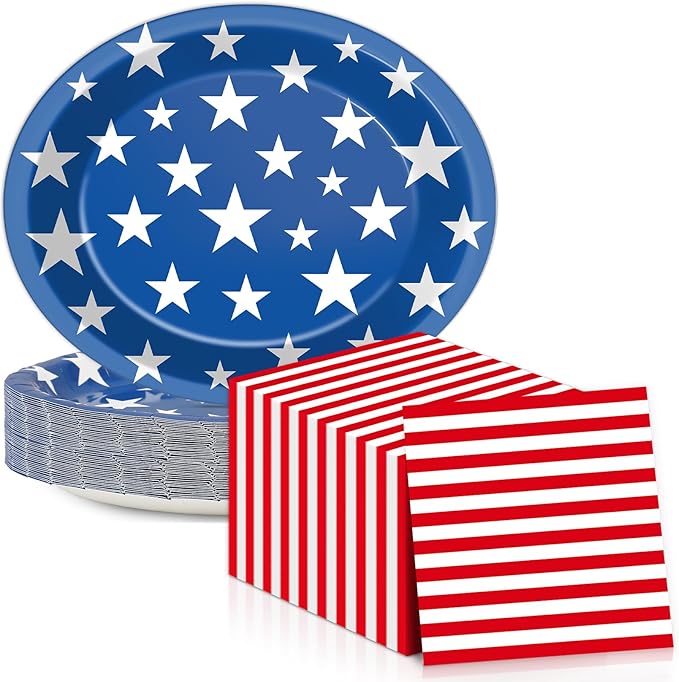Patriotic Oval Paper Plates 11inch 4th of July American Flag Paper Plate and Napkin, Dish Tray Independence Party Decoration Supplies for Veterans Election Day Memorial Day Tableware, 25 Guest