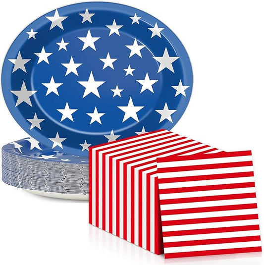 Patriotic Oval Paper Plates 11inch 4th of July American Flag Paper Plate and Napkin, Dish Tray Independence Party Decoration Supplies for Veterans Election Day Memorial Day Tableware, 25 Guest