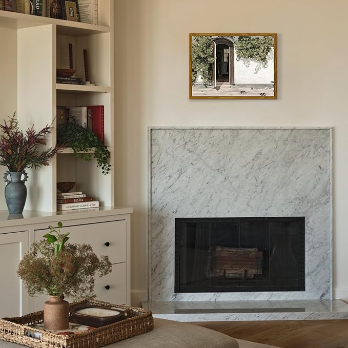 crmotu Framed Canvas Wall Art, Rural Landscape Vintage Art Prints, Rustic Door Entrance Farmhouse Decor, Green Grapevine Plant Aesthetic Pictures, Bedroom Bathroom Kitchen Desktop Small Artwork 8x10in