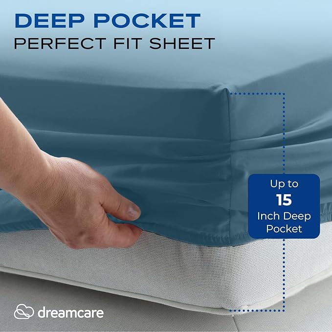 DREAMCARE Twin XL Sheets Set - 4 Pcs Cooling Bed Sheets with Up to 15" Deep Pockets - Soft, Long-Lasting 100% Brushed Polyester with Side Pocket (Mineral Blue)