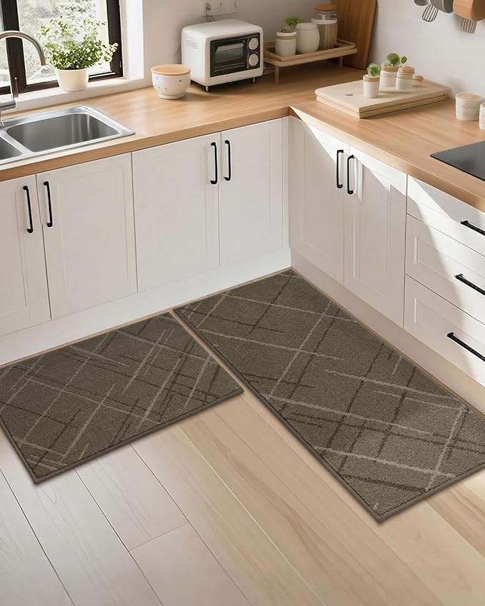 COSY HOMEER Kitchen Mats, 2 PCS Kitchen Rug Non Slip Washable, Absorbent Runner Rugs for Kitchen Floor, Polyester Kitchen Sink Rug 20"x32" + 20"x48"(Brown)