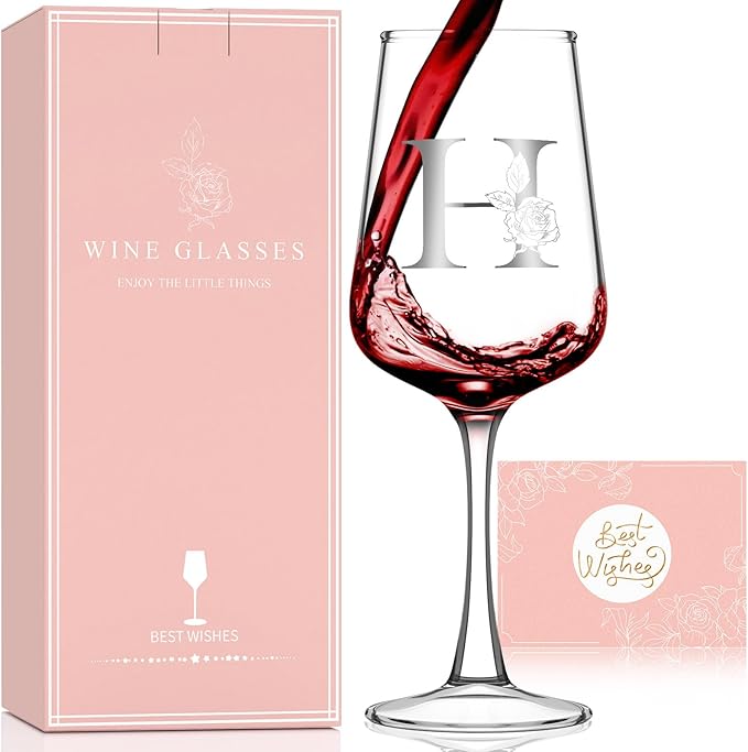 Monogrammed Wine Glass Gifts for Women - Personalized A-Z Wine Glasses with Gift Box & Greeting Card | Custom Mothers day, Anniversary, Birthday Gifts for Her, Mom, Wife, Best Friend, Sister,Woman (H)