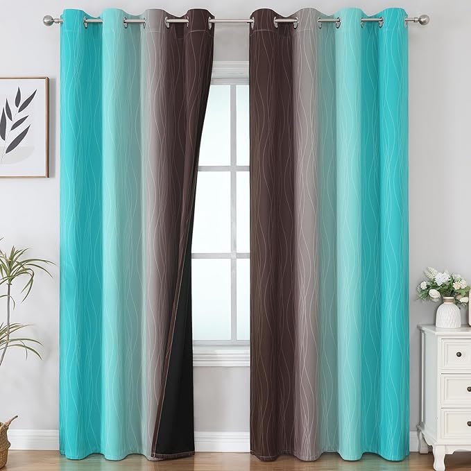 Estelar Textiler Teal and Brown Blackout Curtains for Bedroom, Thermal Insulated Drapes 108 Inches Long, Full Light Blocking Energy Saving Long Curtains for Living Room, 52Wx108L, 2 Panels