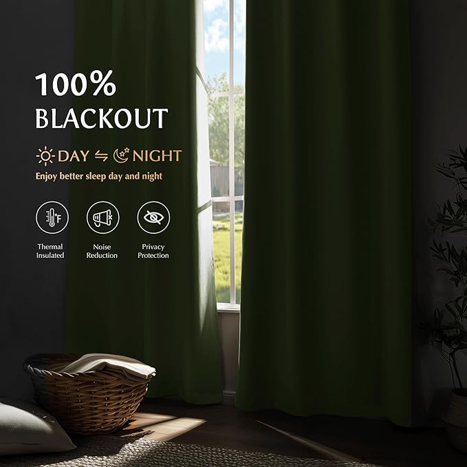 Beauoop Sage Green 100% Blackout Curtains 54 Inch Long 2 Panels for Bedroom Living Room Solid Room Darkening Thermal Insulated Soundproof Energy Saving Grommet Top Window Treatment Drapes,52x54 2 Set