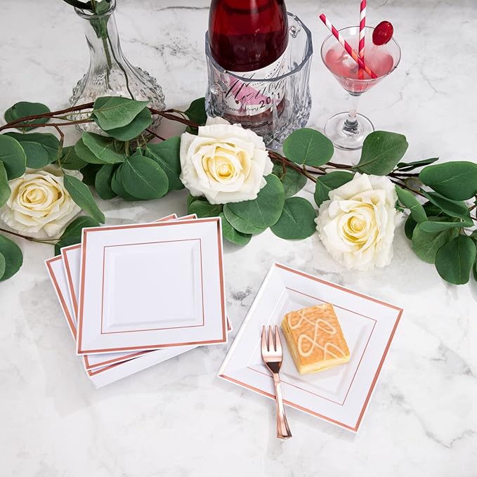 WDF 86pcs Rose Gold Dessert Plates 6" with 86 Pieces Disposable Forks 5", Elegant Square Appetizer Small Plastic Plates for Mother's Day, Wedding