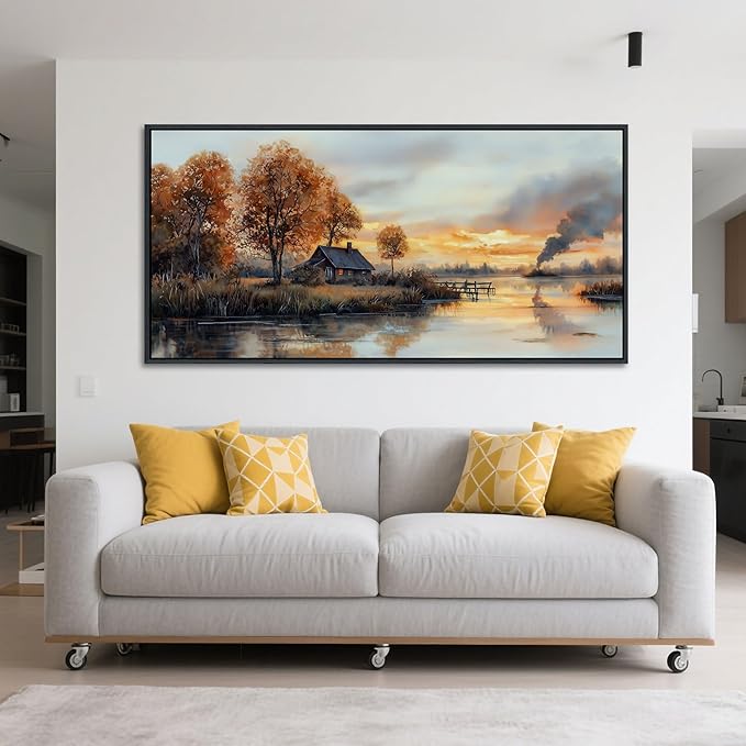 QZQCBLC Large Canvas Wall Art, Sunset Clouds Tree Cabin Landscape Pictures Lake View Farmhouse Orange Tone Painting Framed Artwork for Living room Bedroom kitchen Home Office Decor 29x58 IN