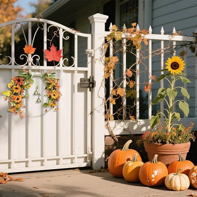 Fall Leaves Wreaths for Front Door Fall Half Wreath with Bell Artificial Falls Sunflowers Wreath with Mixed Leaves, Autumn Hoop Wreaths for Thanksgiving Window Home Wall Farmhouse Outdoor Indoor Décor