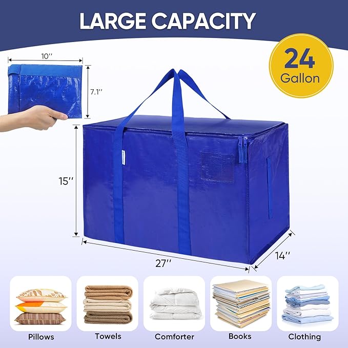 TICONN 6 Pack Extra Large Moving Bags with Zippers & Carrying Handles, Heavy-Duty Storage Tote Moving Boxes for Space Saving