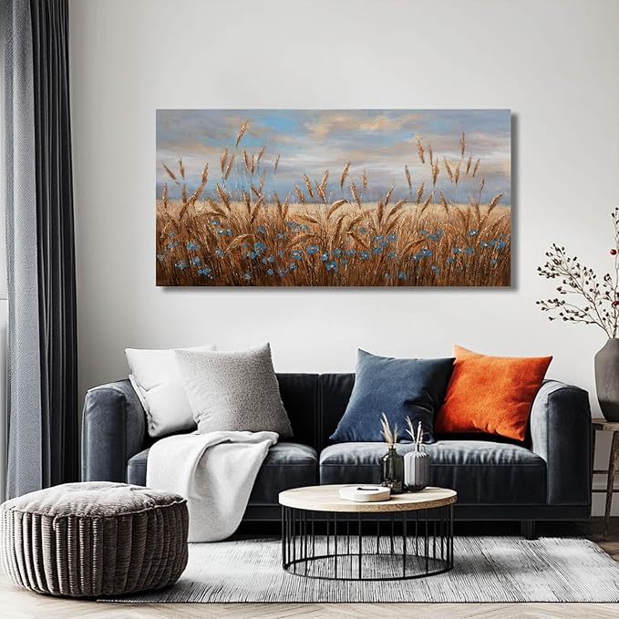 GAIDUOMAI Flowers Wall Art Gold Cornfield Artwork Blue Sky Landscape Wall Decor Vintage Posters for Room Decor 24"x48" Wall Prints for Office Home Bedroom